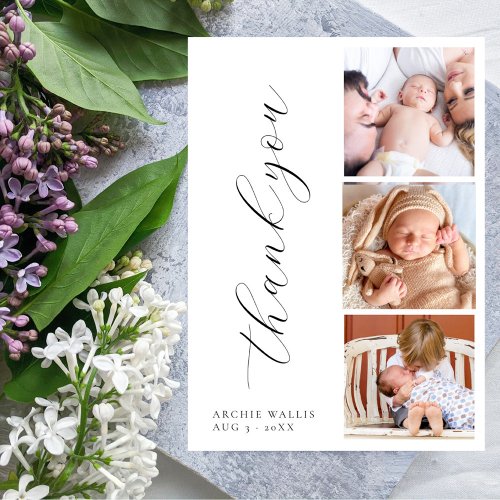 Elegant Script Minimalist Photo Collage New Baby Thank You Card