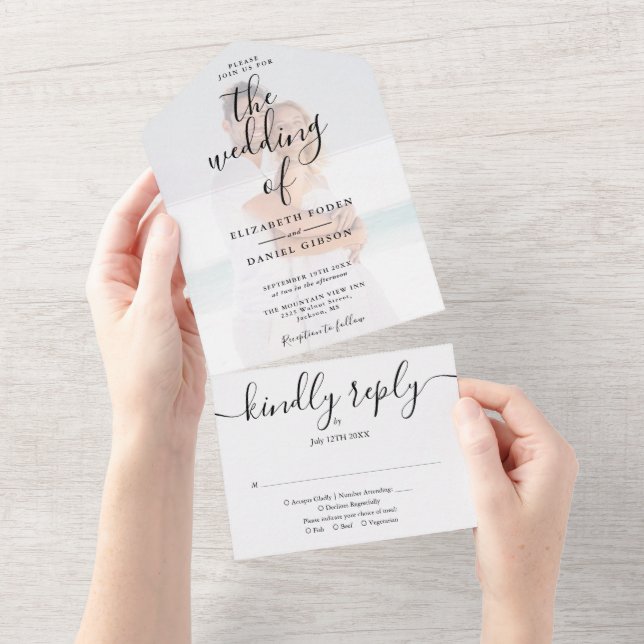 Elegant Script Minimalist Photo Wedding All In One Invitation (Tearaway)