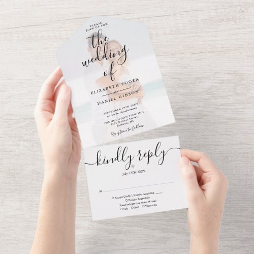 Elegant Script Minimalist Photo Wedding All In One Invitation