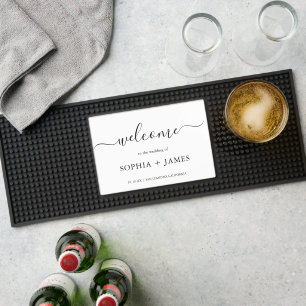 Elegant Script Minimalist White Wedding Bar Mat