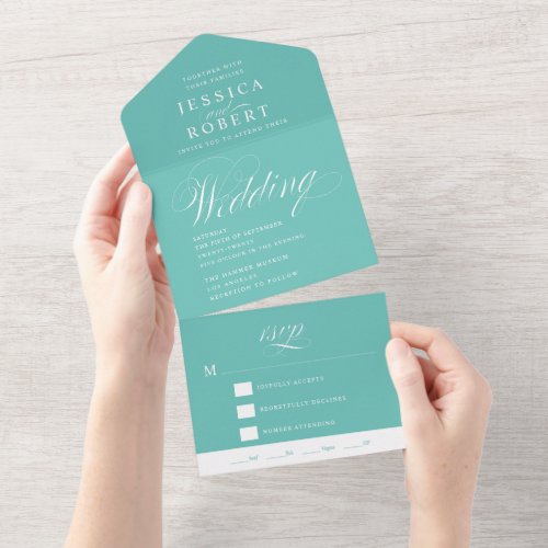 Elegant Script Mint and White Calligraphy Wedding All In One Invitation