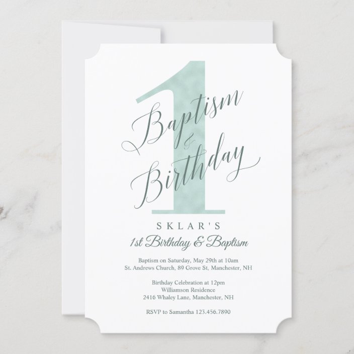 Elegant Script Mint Baby's 1st Birthday & Baptism Invitation