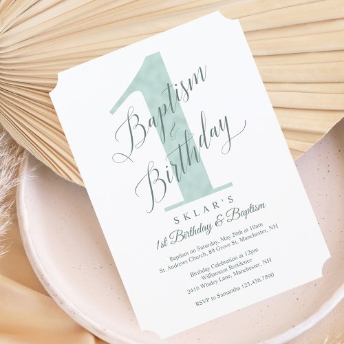 Elegant Script Mint Babys 1st Birthday  Baptism Invitation