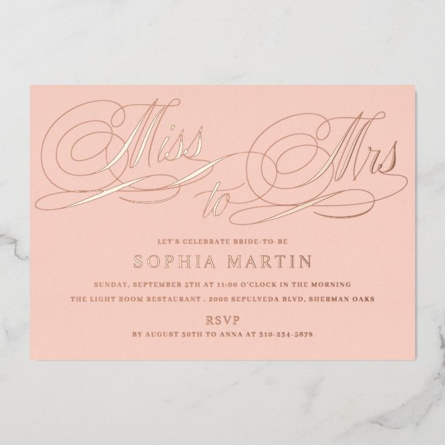 Elegant Script Miss to Mrs Blush Bridal Shower Foil Invitation (Front)