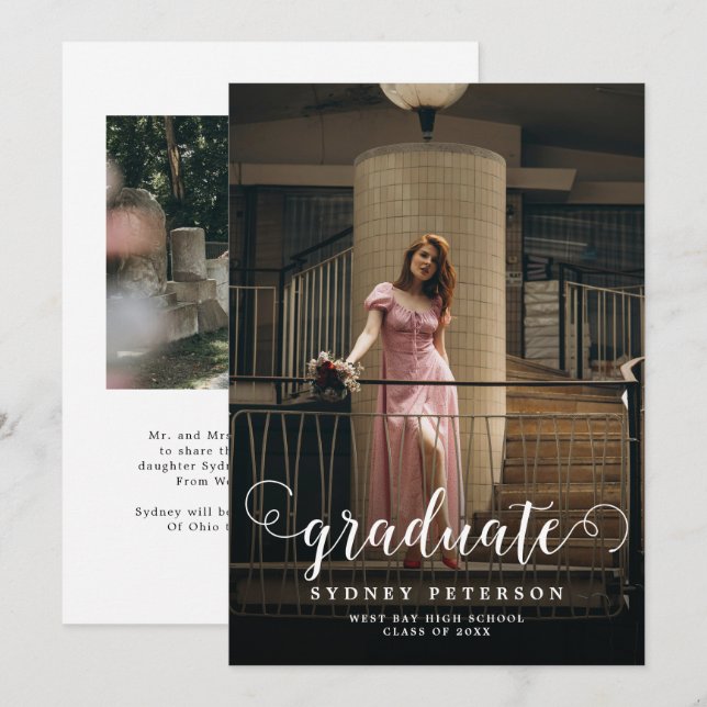 Elegant Script Modern 2 Photo Graduation Announcement (Front/Back)