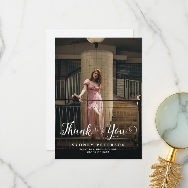 Elegant Script Modern 2 Photo Simple Graduation Thank You Card (Front/Back In Situ)