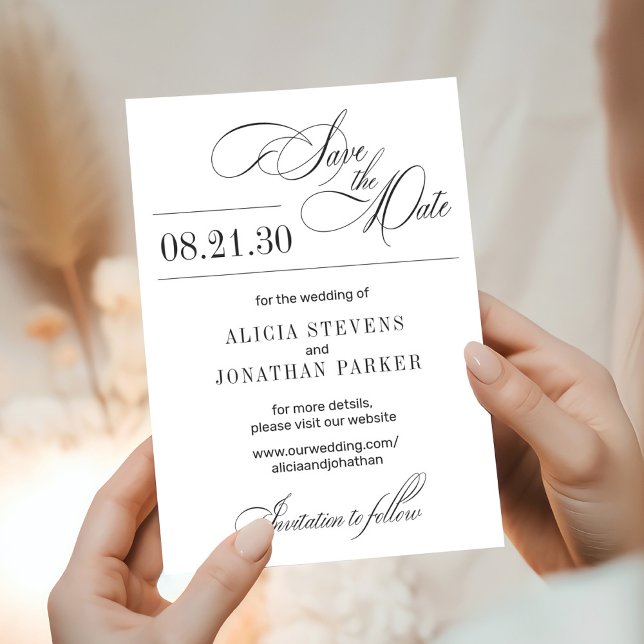 Elegant script modern balck and white wedding save the date (Creator Uploaded)