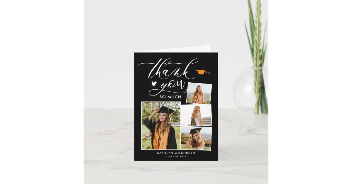 Elegant Script Modern Black 4 Photo Graduation Thank You Card | Zazzle