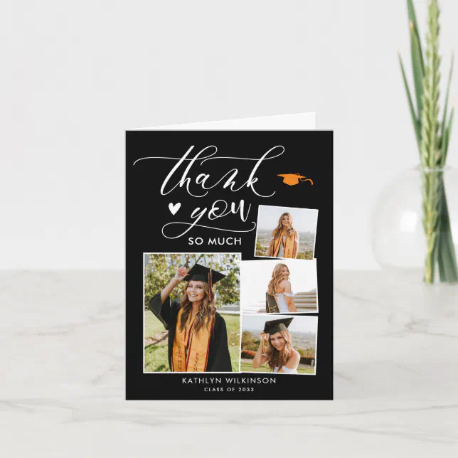 Elegant Script Modern Black 4 Photo Graduation Thank You Card | Zazzle