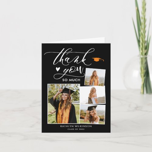 Elegant Script Modern Black 4 Photo Graduation Thank You Card