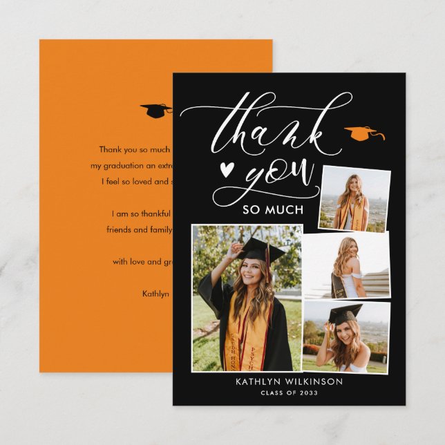 Elegant Script Modern Black 4 Photo Graduation Thank You Card (Front/Back)
