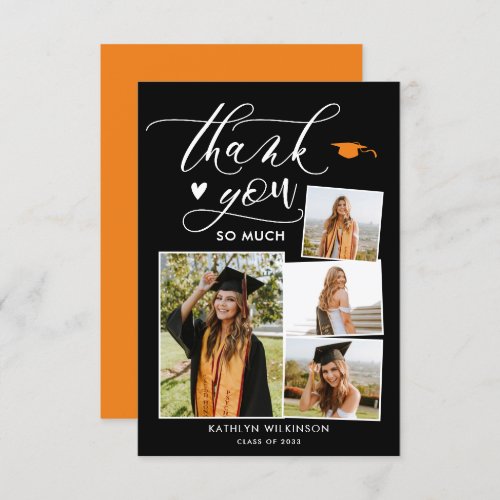 Elegant Script Modern Black 4 Photo Graduation Thank You Card