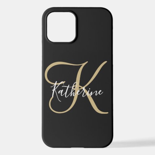 Elegant Script Modern Black and Gold Monogram iPho iPhone 12 Case