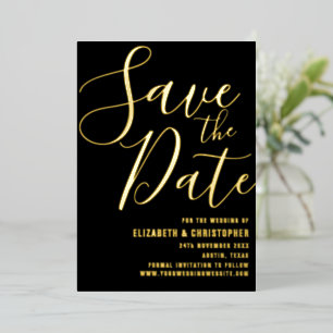 Elegant Script Modern Black & Gold Save The Date Foil Invitation