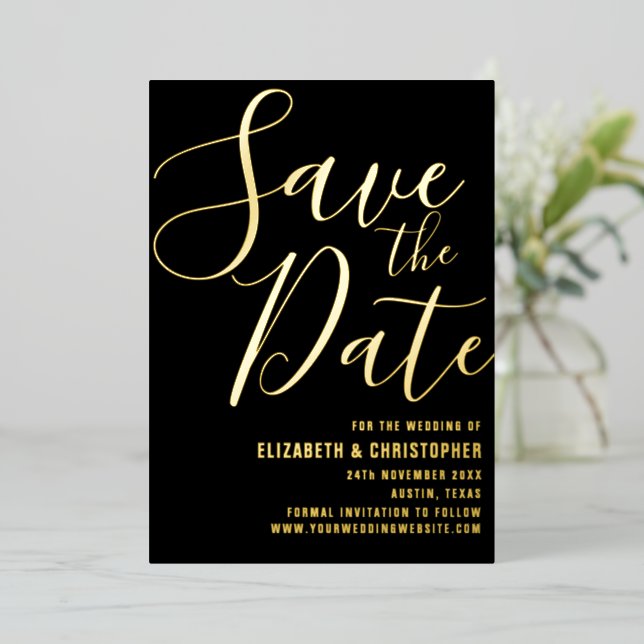 Elegant Script Modern Black & Gold Save The Date Foil Invitation (Standing Front)