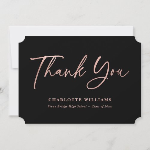 Elegant Script Modern Black Rose Gold Graduation Thank You Card