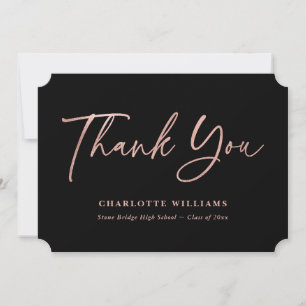 Elegant Script Modern Black Rose Gold Graduation Thank You Card
