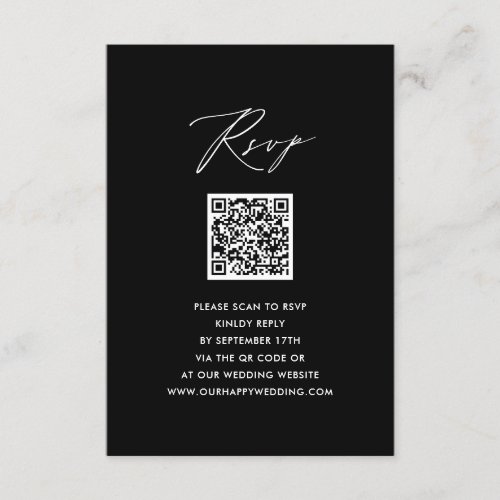 Elegant Script Modern Black Simple QR Wedding RSVP Enclosure Card