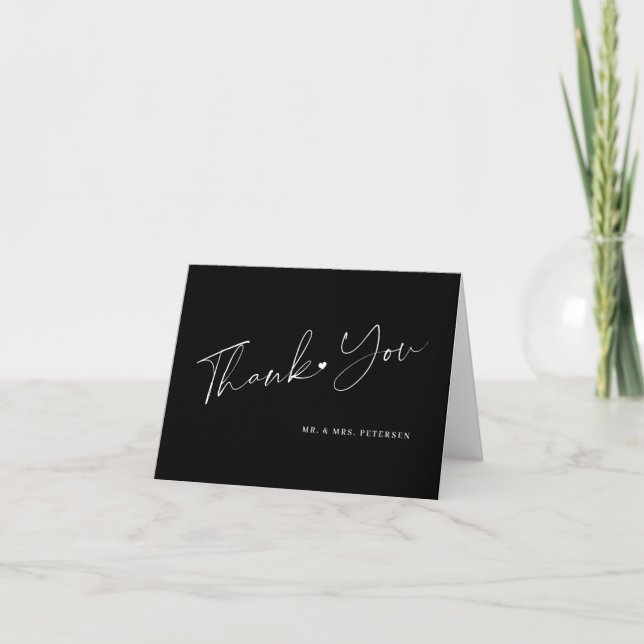 Elegant script modern black wedding thank you card (Front)