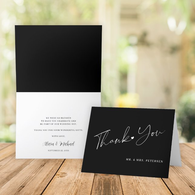 Elegant script modern black wedding thank you card (Creator Uploaded)