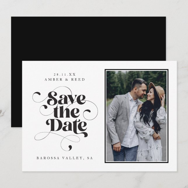 Elegant Script Modern Black White Art Design Photo Save The Date (Front/Back)