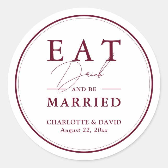 Elegant Script Modern Burgundy Red Wedding Classic Round Sticker (Front)