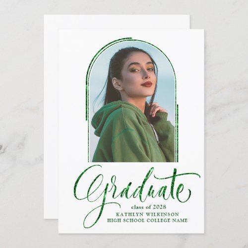 Elegant Script Modern Green Arch Photo Graduation Announcement