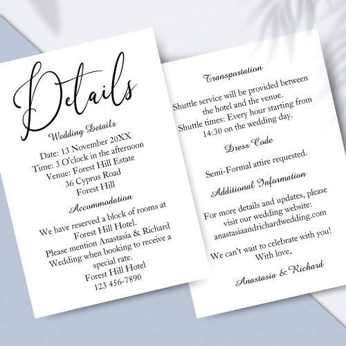 Elegant Script Modern Minimalist Wedding Details Enclosure Card