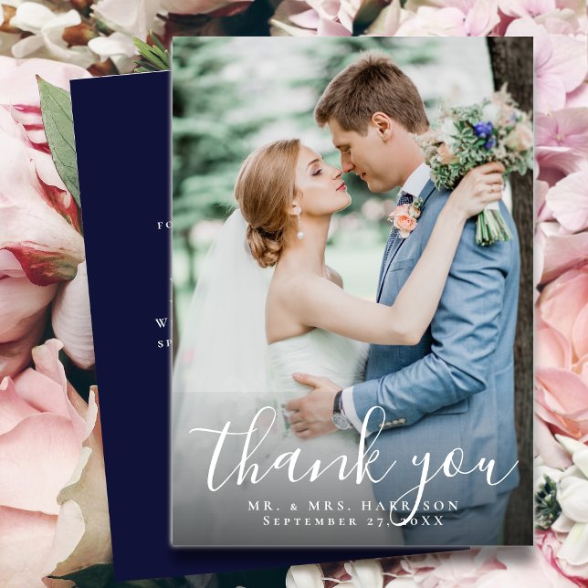 Elegant Script Modern Navy Blue Wedding Photo Thank You Card (Creator Uploaded)