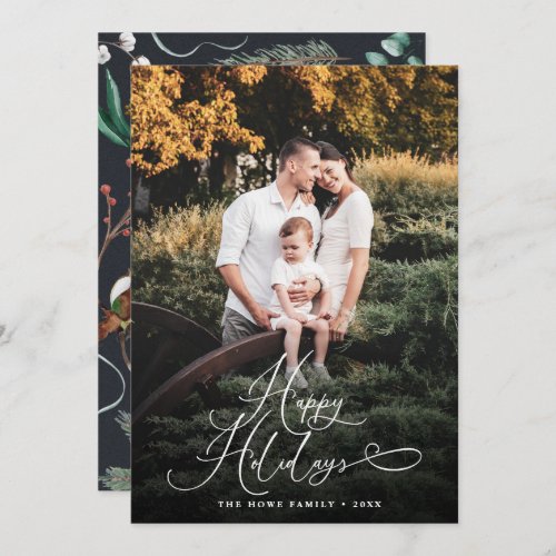 Elegant Script Modern Photo Eucalyptus Traditional Holiday Card