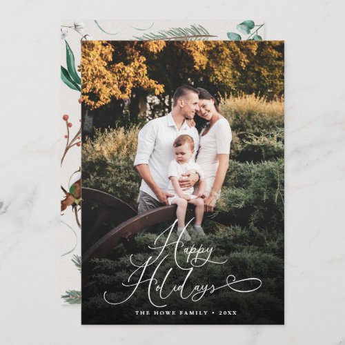 Elegant Script Modern Photo Eucalyptus Traditional Holiday Card