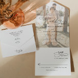 Elegant Script Modern Photo Wedding All In One Invitation<br><div class="desc">This elegant All-In-One Wedding Invitation features a sweeping script calligraphy text paired with a classy serif & modern sans font in black,  with a photo overlay on the front and a customizable monogram on the back. Matching items available.</div>