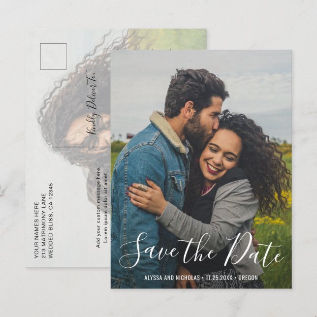 Elegant Script Modern Photo Wedding Save the Date Announcement Postcard (Front/Back)