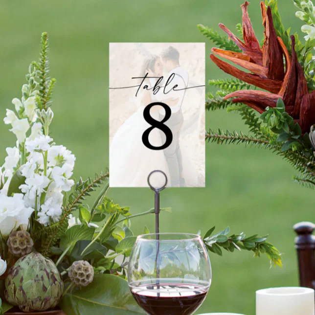 Elegant Script Modern Photo Wedding Table Number | Zazzle