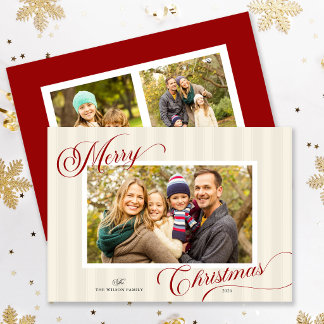 Elegant Script Modern Stripe 3 Photos Christmas Holiday Card