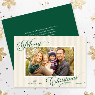 Elegant Script Modern Stripe Photo Christmas Holiday Card