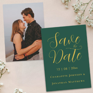 Elegant Script Modern Wedding Photo Green & Gold Save The Date