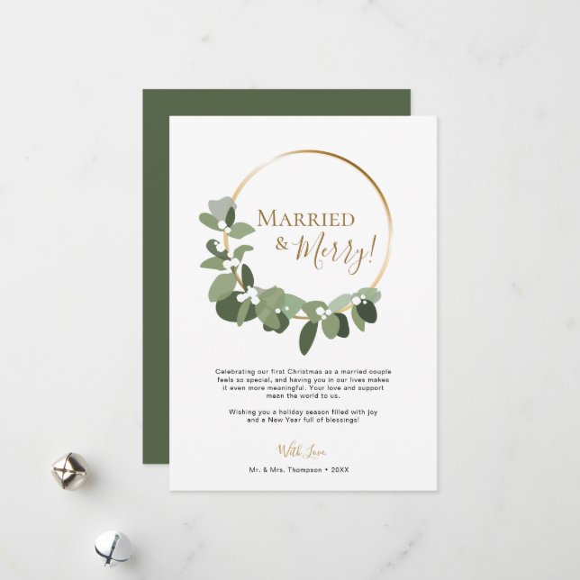 Elegant Script Modern Wreath Married and Merry  Holiday Card (Front/Back In Situ)