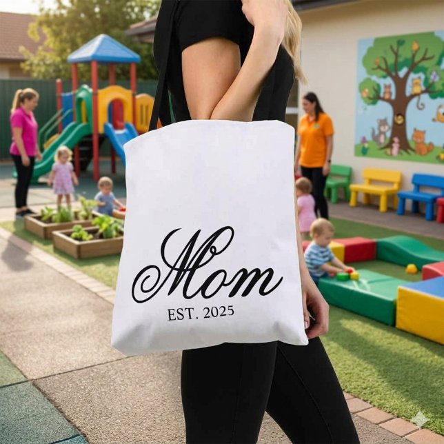 Elegant Script Mom Est Year Custom Gift Tote Bag (Elegant Script Mom Est Year Custom Gift Tote Bag)