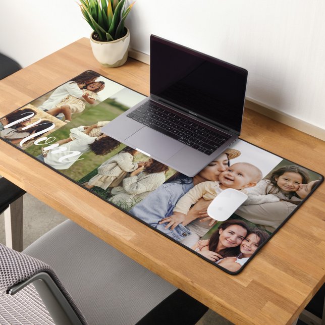 Elegant Script Mom Photo Grid Layout Personalized Desk Mat (Elegant Script Mom Photo Grid Layout Personalized Desk Mat)