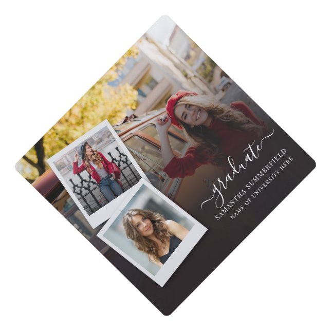Elegant Script Mono 3 Photo Grad 2026 Graduation Cap Topper (Front)