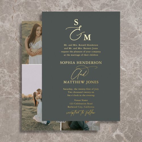 Elegant Script Monogram 4 Photo Sage Wedding Foil Invitation
