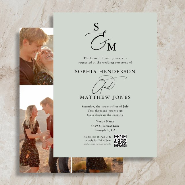 Elegant Script Monogram 4 Photo Wedding Invitation (Creator Uploaded)