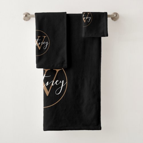 Elegant Script Monogram Black and Gold   Bath Towel Set