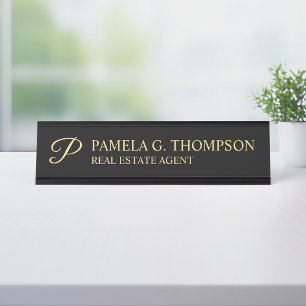 Elegant Script Monogram Black and Gold Desk Name Plate