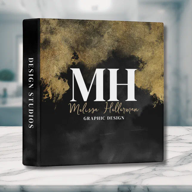 Elegant Script Monogram Black Gold 3 Ring Binder | Zazzle