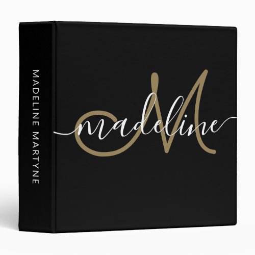 Elegant Script Monogram Black Gold 3 Ring Binder