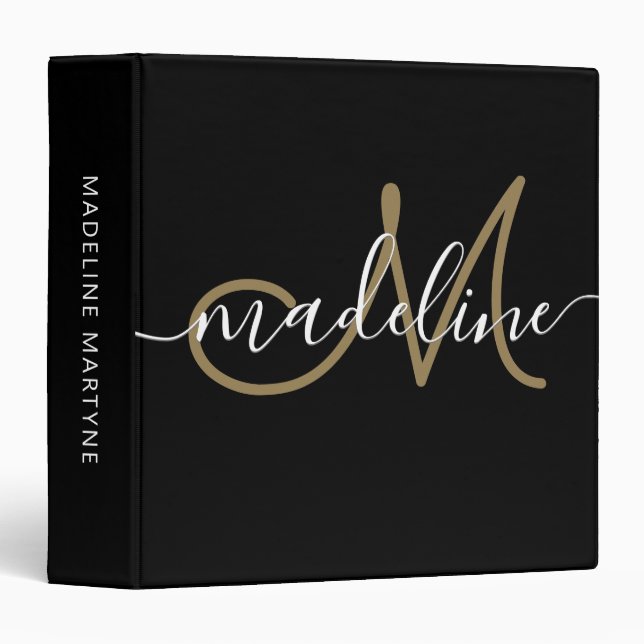 Elegant Script Monogram Black Gold 3 Ring Binder (Front/Spine)