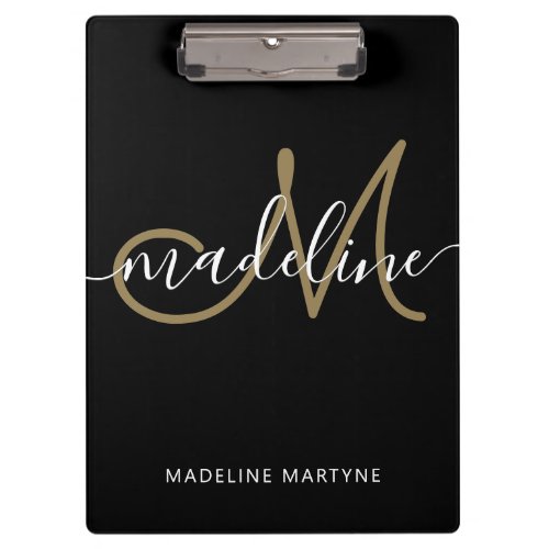 Elegant Script Monogram Black Gold Clipboard