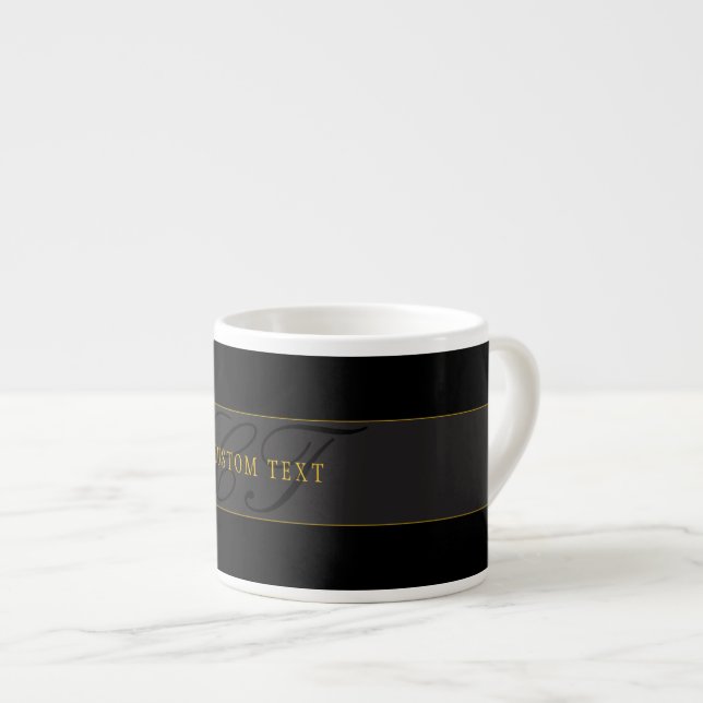 Elegant Script Monogram Black & Gold Espresso Cup (Front Right)